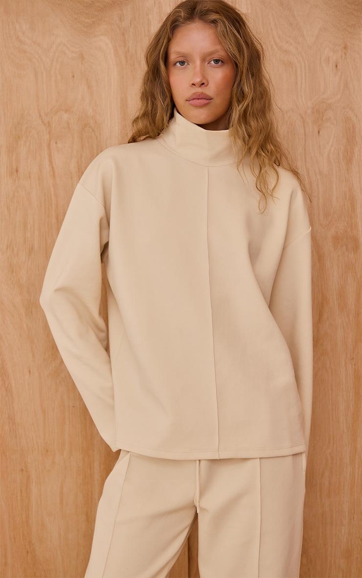 Pretty Little Thing Cream Interlock Seam Funnel Neck Sweatshirt