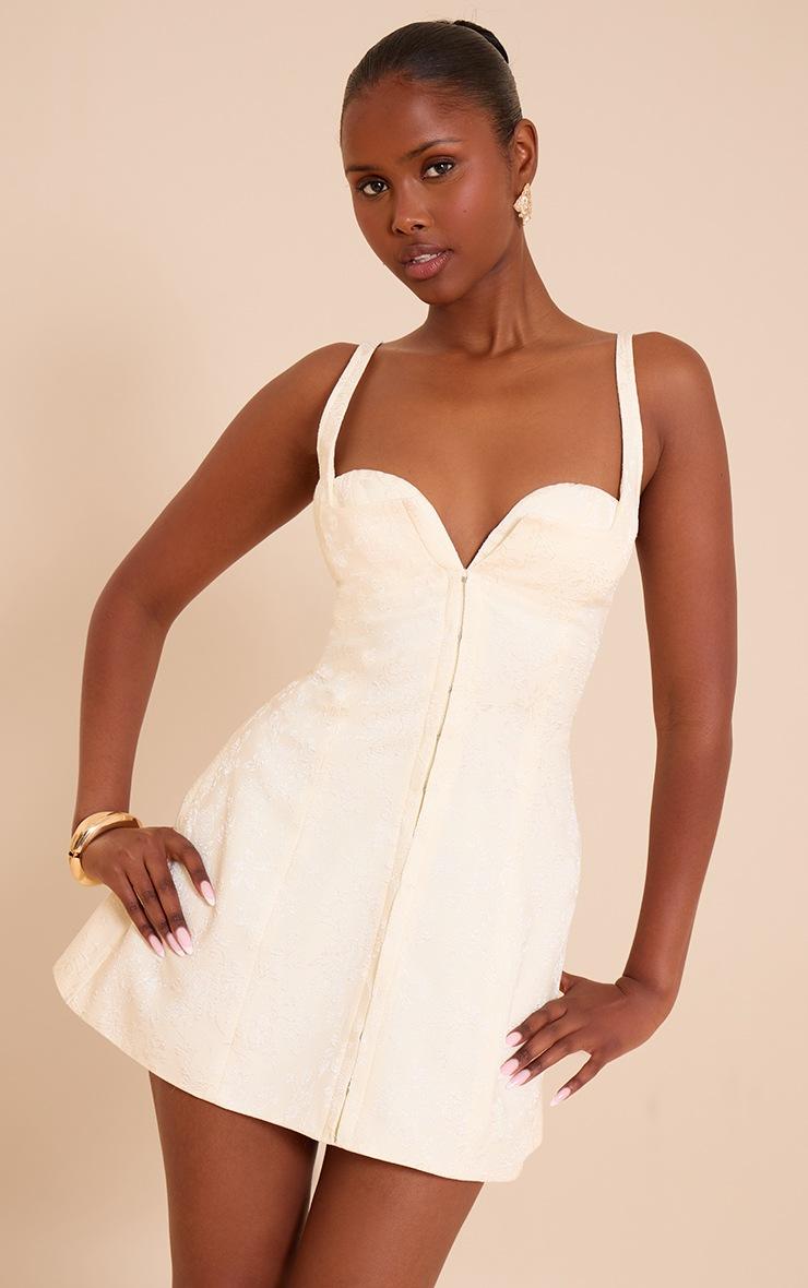 Pretty Little Thing Cream Jacquard Plunge Hook And Eye Shift Dress
