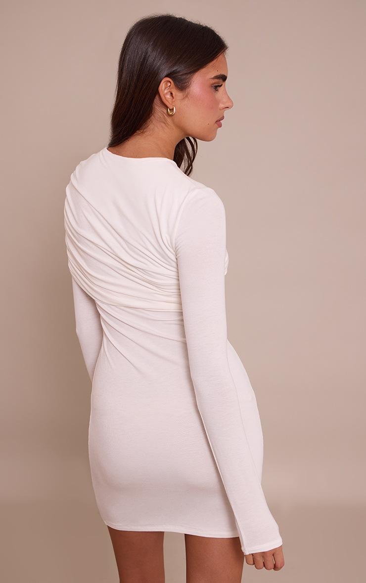 Pretty Little Thing Cream Jersey Overlay Detail Long Sleeve Bodycon Dress
