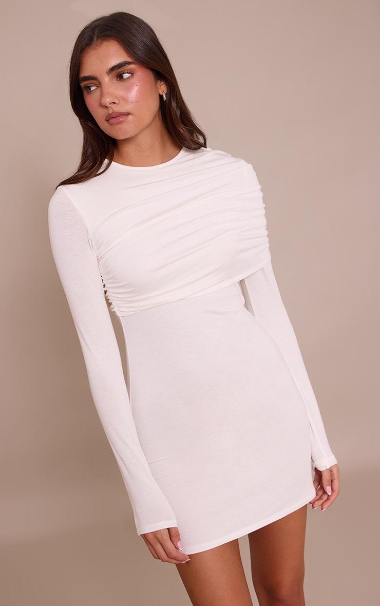Pretty Little Thing Cream Jersey Overlay Detail Long Sleeve Bodycon Dress