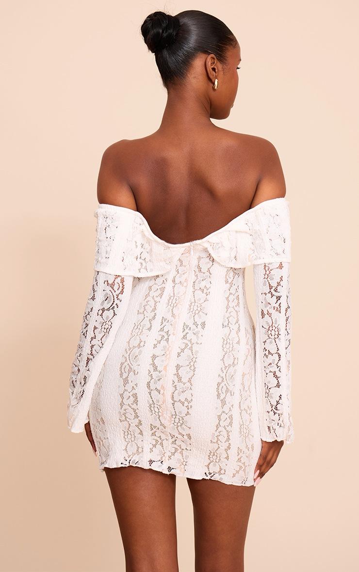 Pretty Little Thing Cream Lace Bardot Long Sleeve Mini Dress