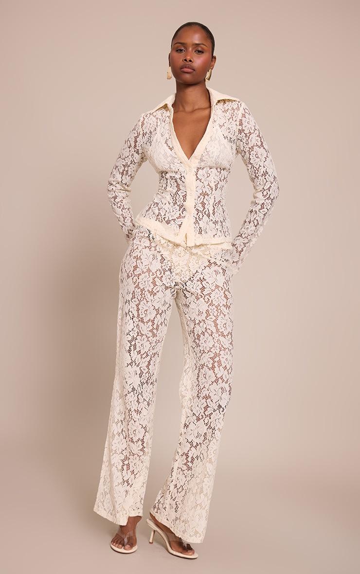 Pretty Little Thing Cream Lace High Waisted Straight Leg Pants