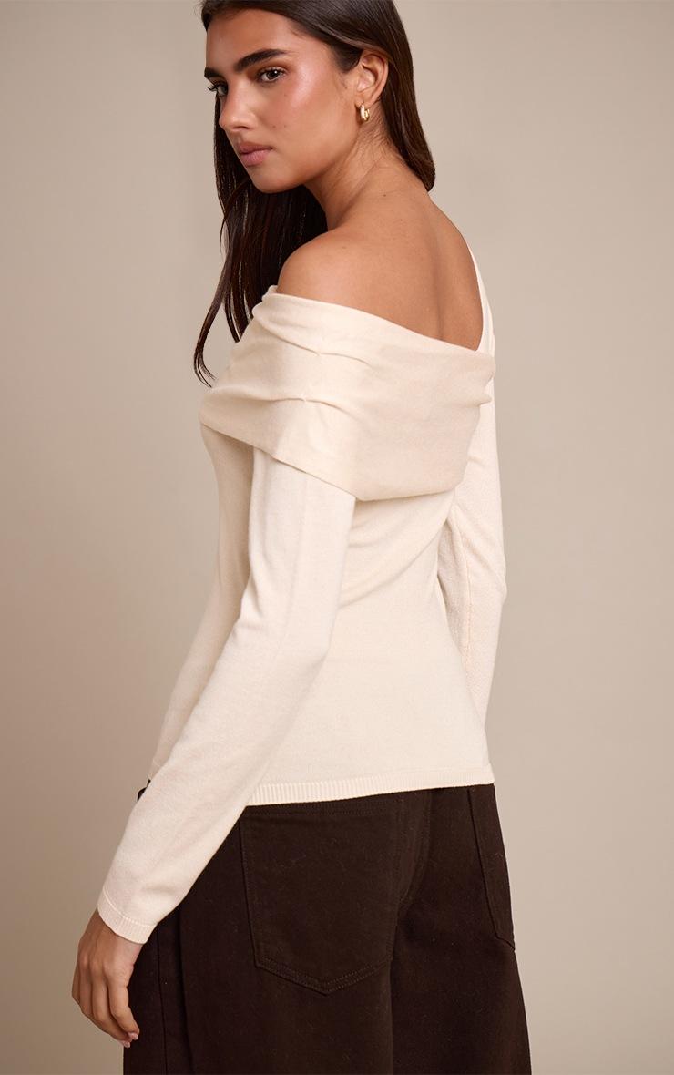 Pretty Little Thing Cream Long Sleeve Asymmetric Shoulder Knitted Top