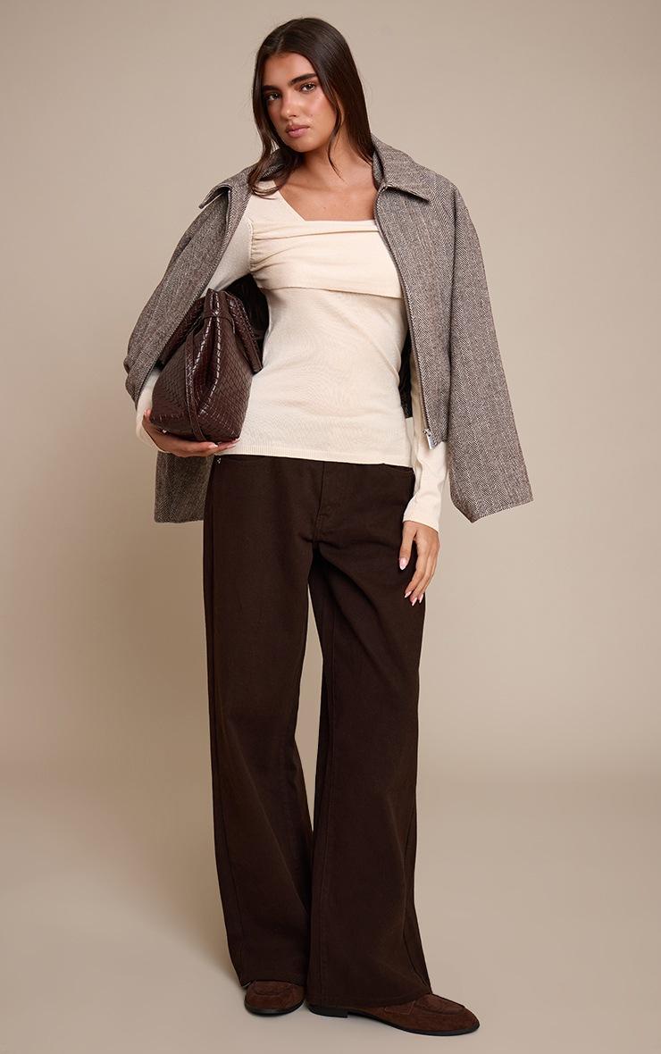 Pretty Little Thing Cream Long Sleeve Asymmetric Shoulder Knitted Top