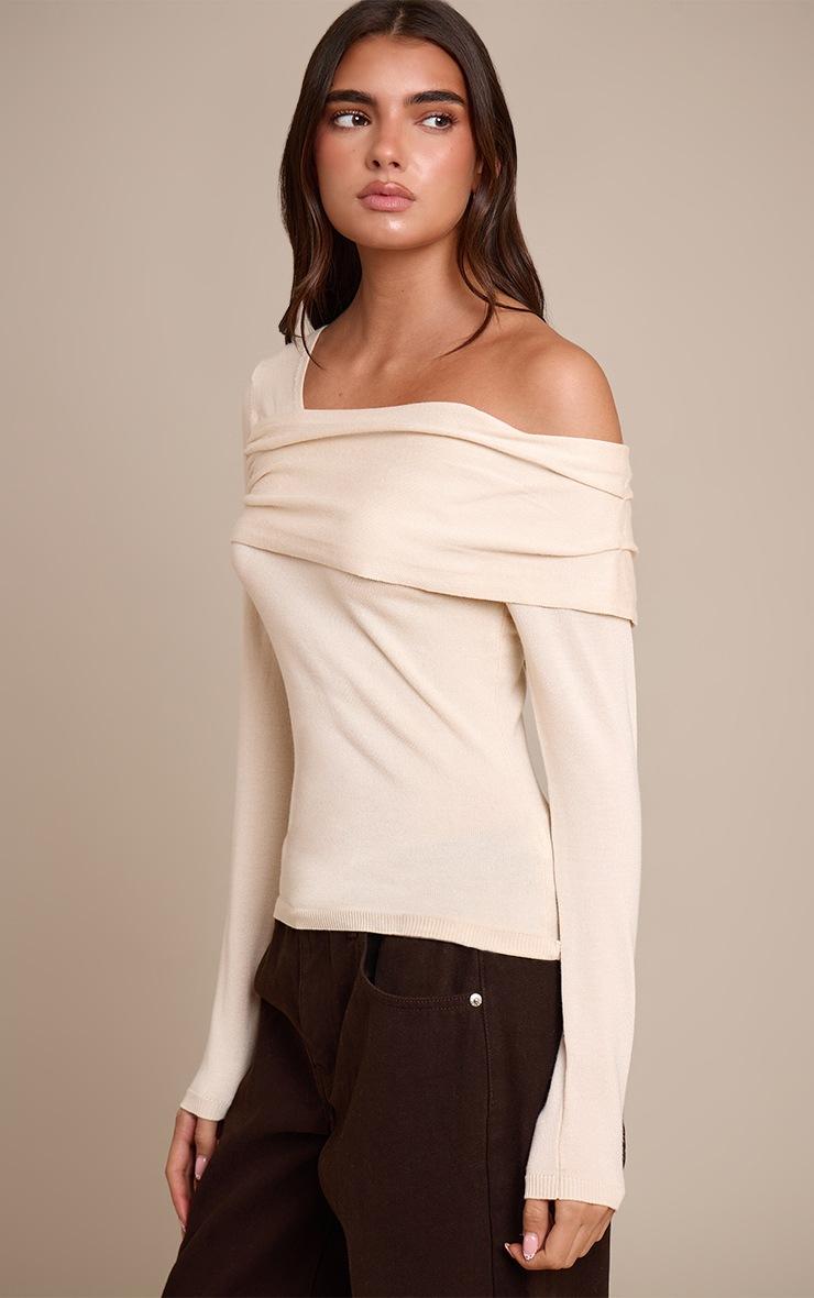 Pretty Little Thing Cream Long Sleeve Asymmetric Shoulder Knitted Top