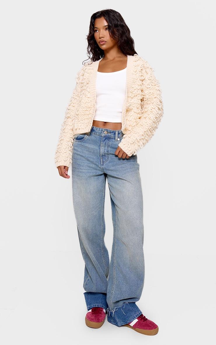 Pretty Little Thing Cream Loop Knit V Neck Button Up Cardigan