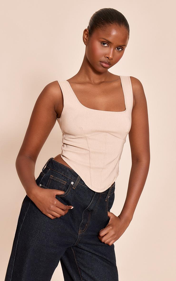 Pretty Little Thing Cream Marl Stretch Woven Square Neck Corset Top