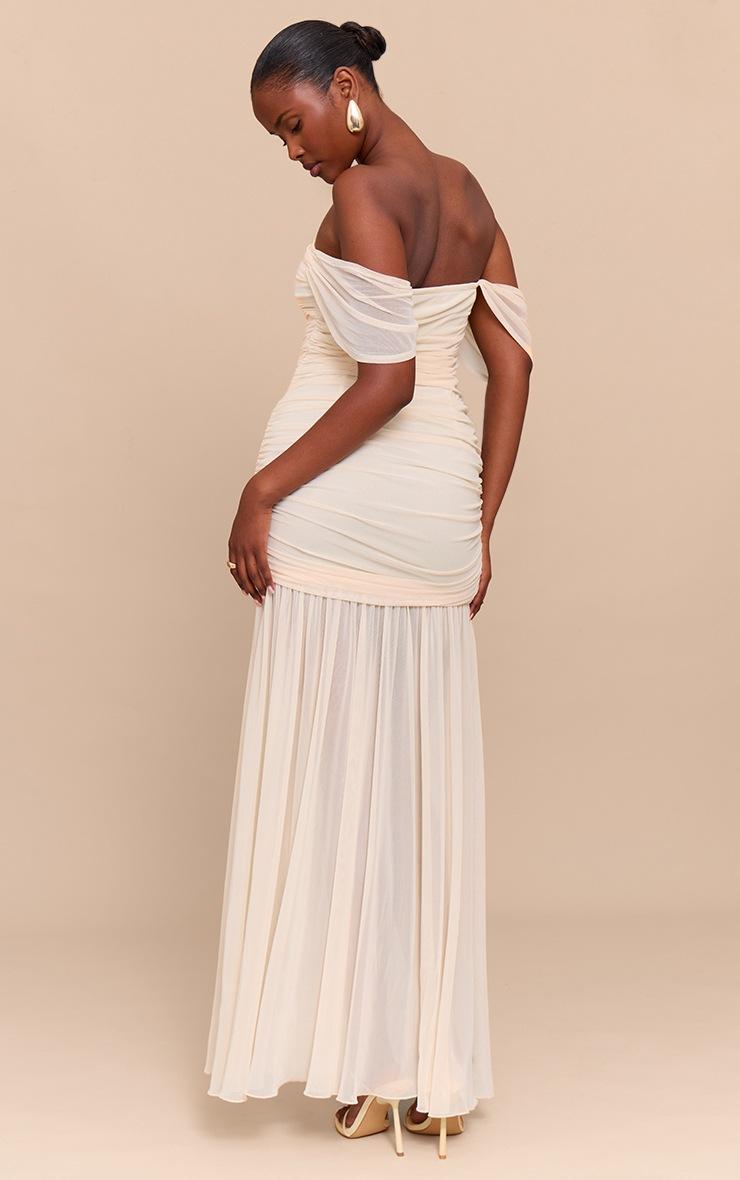 Pretty Little Thing Cream Mesh Bardot Ruched Detail Maxi Dress