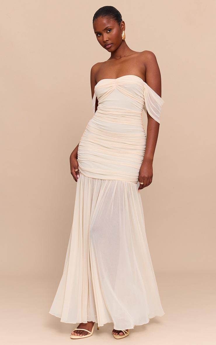 Pretty Little Thing Cream Mesh Bardot Ruched Detail Maxi Dress