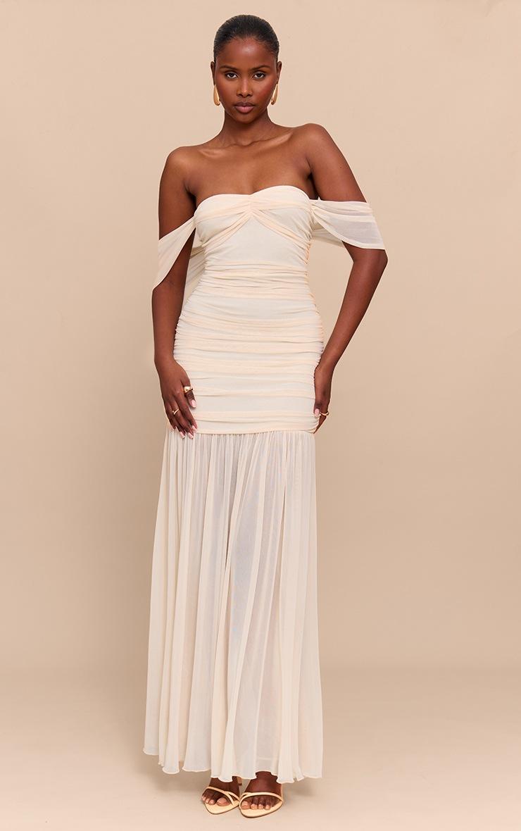 Pretty Little Thing Cream Mesh Bardot Ruched Detail Maxi Dress