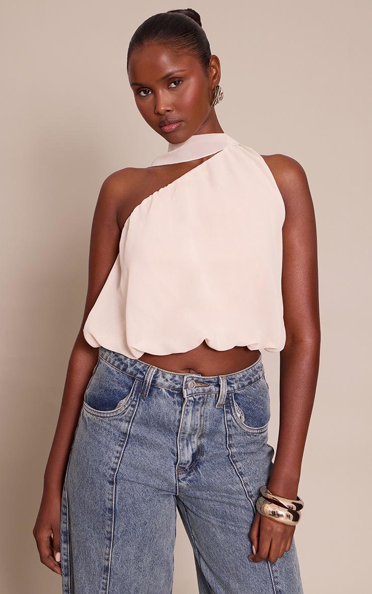 Pretty Little Thing Cream Mesh Halterneck Scarf Detail Top