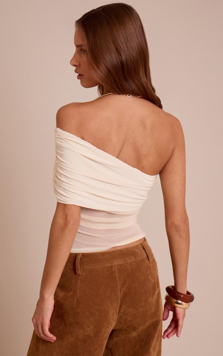 Pretty Little Thing Cream Mesh Panel Detail Asymmetric Long Top