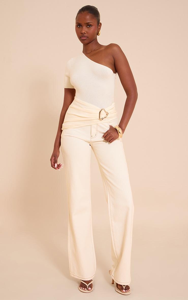 Pretty Little Thing Cream One Shoulder Asymmetric Trim Detail Knit Top