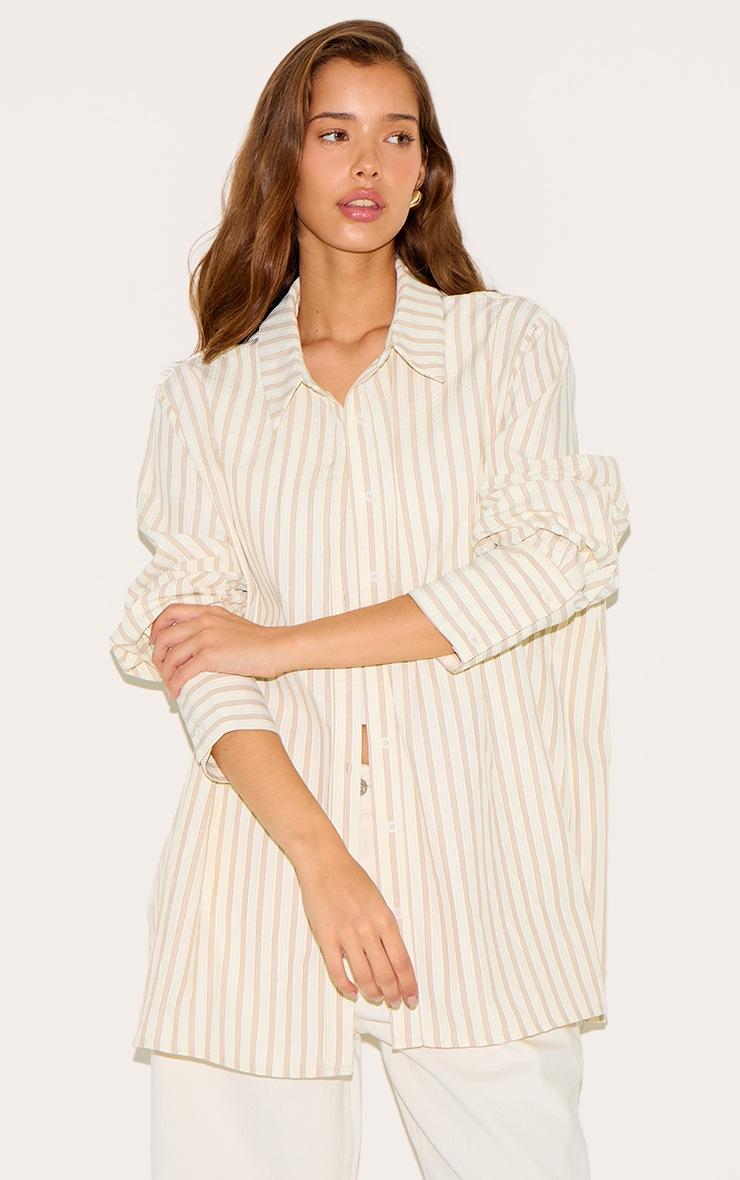 Pretty Little Thing Cream Oversized Stripe Cuff Shirt