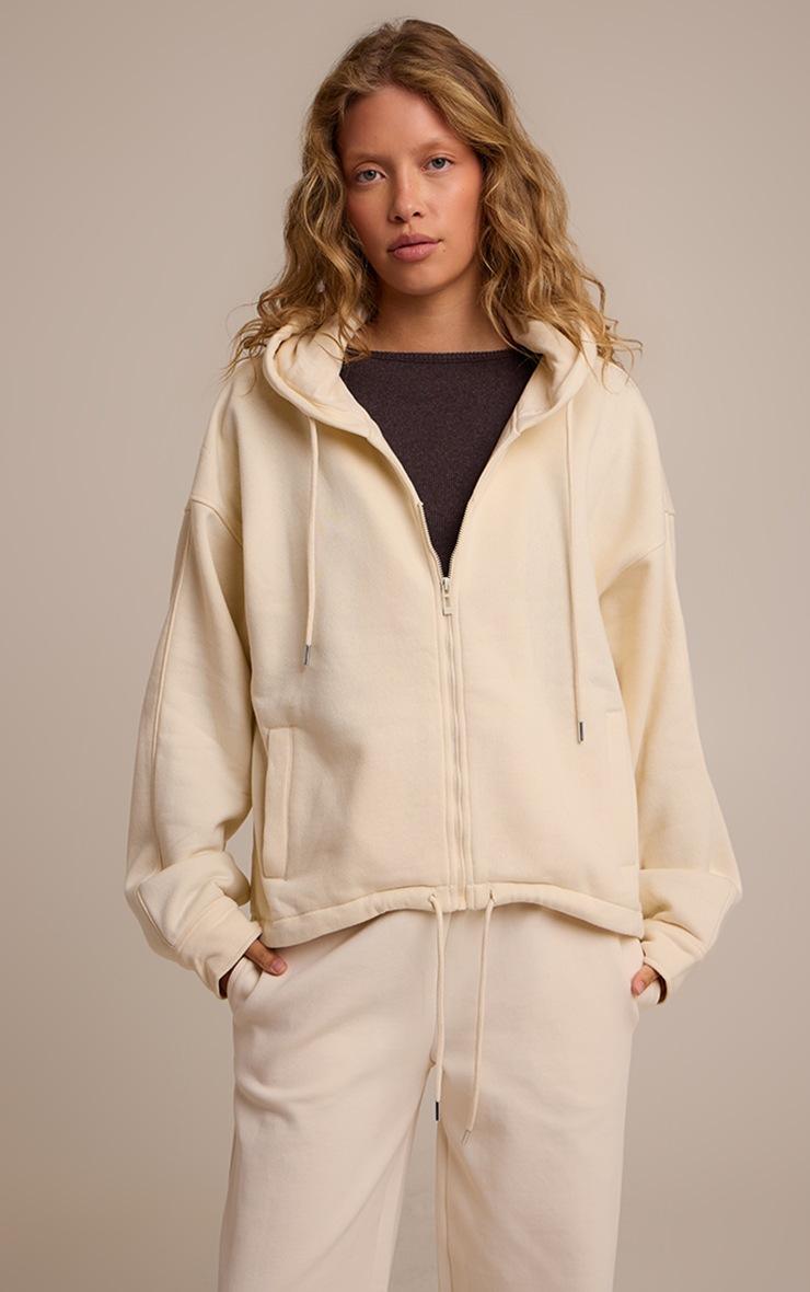 Pretty Little Thing Cream Oversized Zip Up Toggle Waist Hoodie