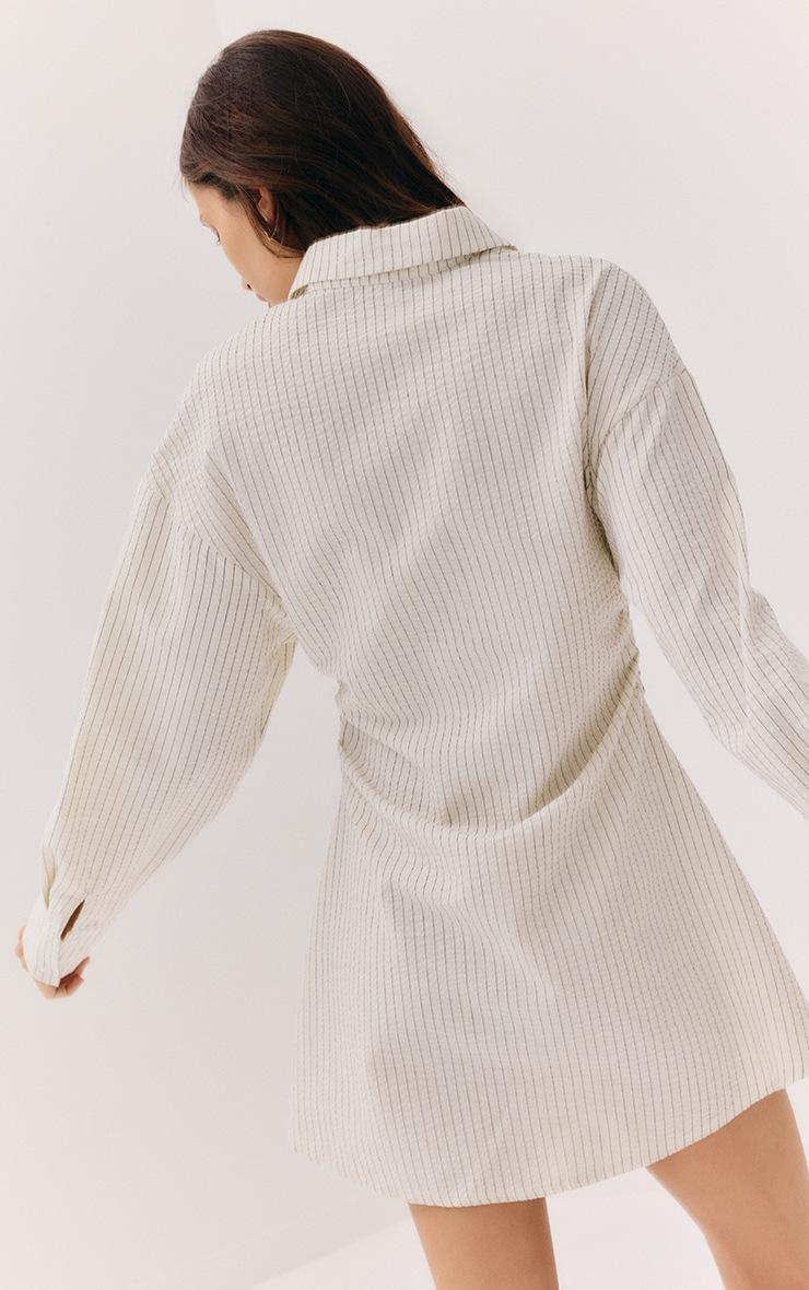 Pretty Little Thing Cream Pinstripe Seersucker Cinched Waist Shirt Dress