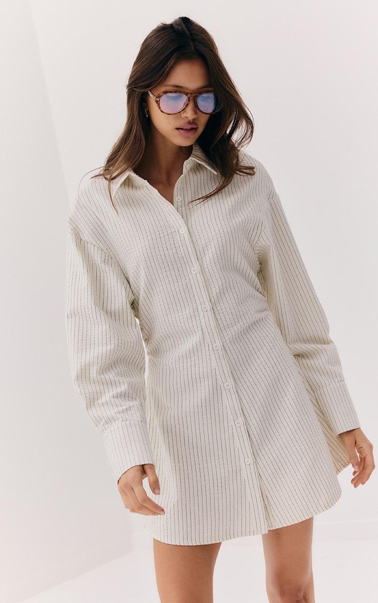 Pretty Little Thing Cream Pinstripe Seersucker Cinched Waist Shirt Dress