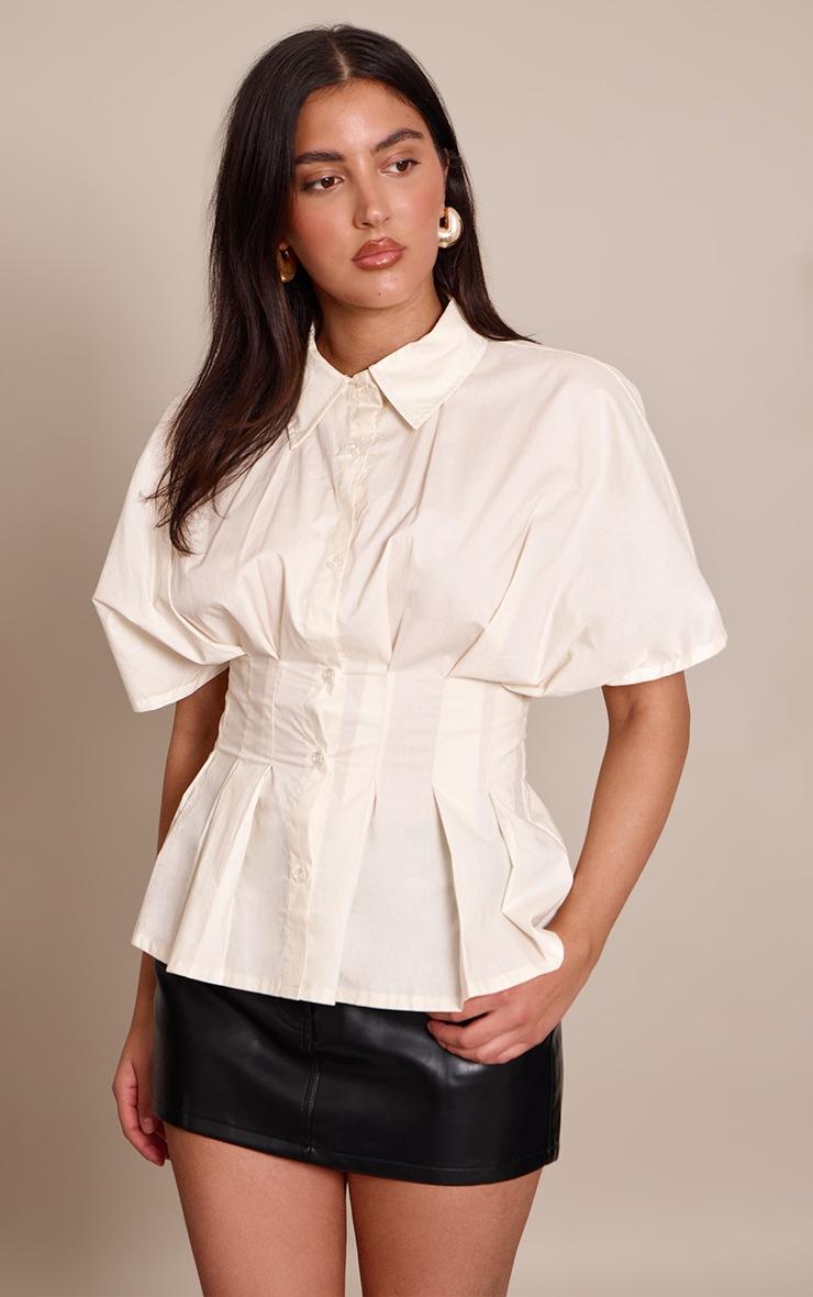 Pretty Little Thing Cream Pleated Cinched Waist Short Sleeve Shirt