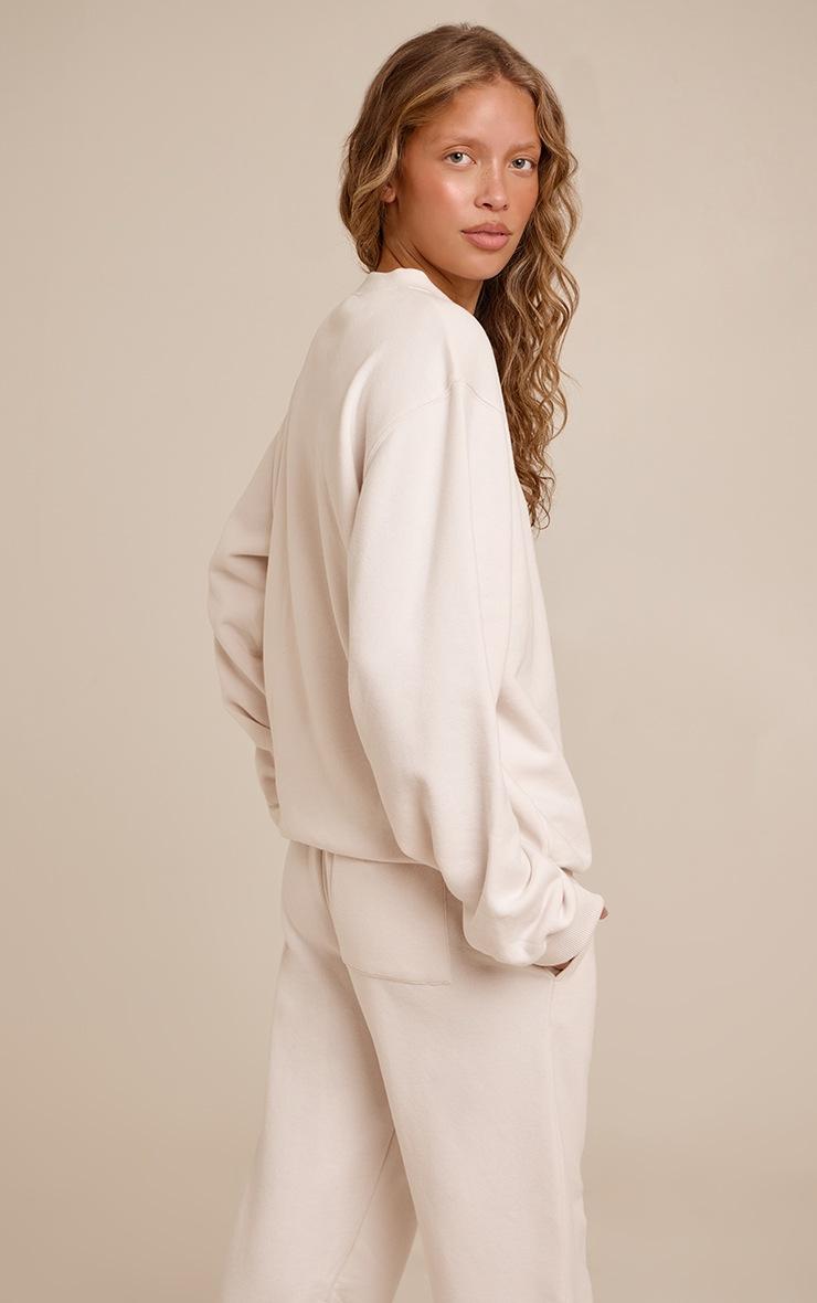 Pretty Little Thing Cream PLT Embroidered Cotton Fleece Oversized Crew Sweatshirt