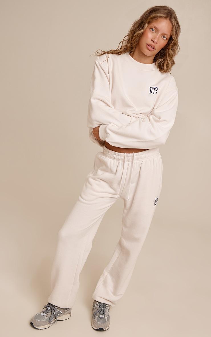 Pretty Little Thing Cream PLT Embroidered Cotton Fleece Oversized Crew Sweatshirt