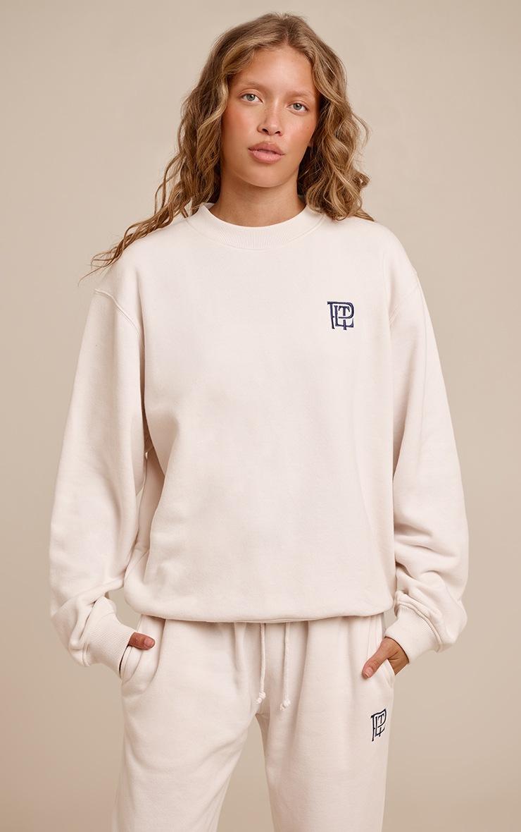 Pretty Little Thing Cream PLT Embroidered Cotton Fleece Oversized Crew Sweatshirt