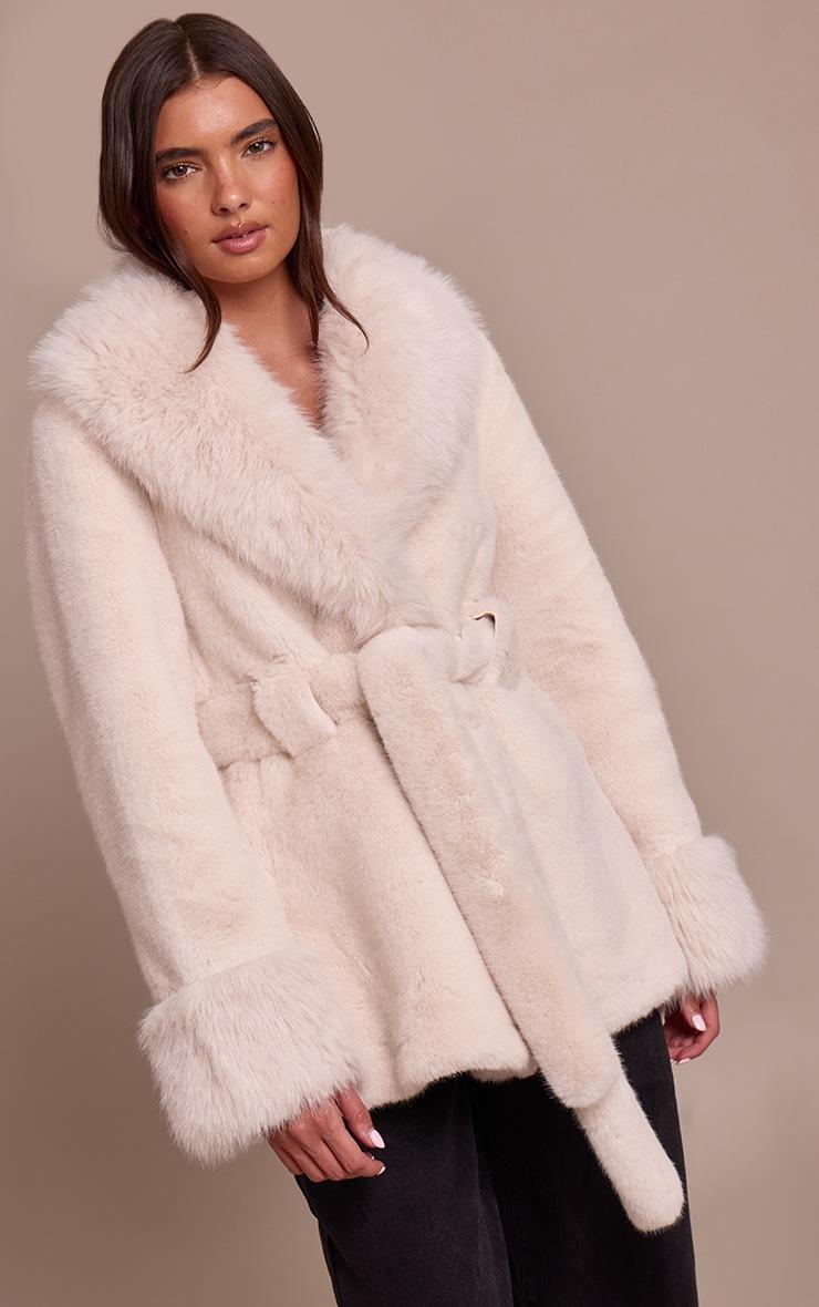 Pretty Little Thing Cream Plush Faux Fur Self Tie Coat