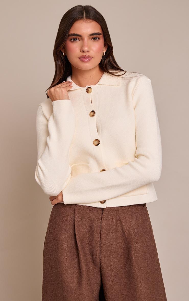 Pretty Little Thing Cream Pocket Detail Button Down Knitted Cardigan