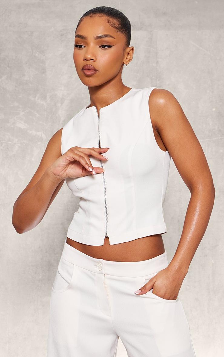 Pretty Little Thing Cream Premium Woven Zip Up Detail Sleeveless Top