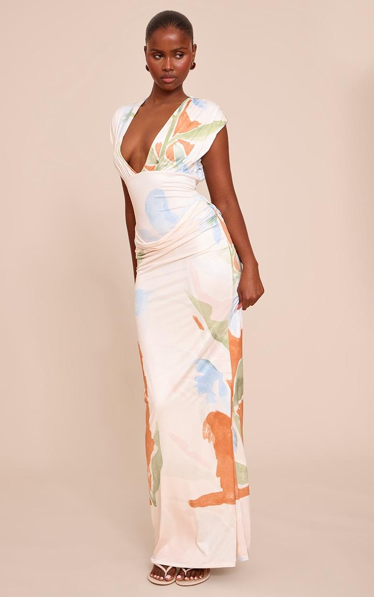Pretty Little Thing Cream Printed Double Layer Plunge Ruched Shoulder Drape Waist Maxi Dress