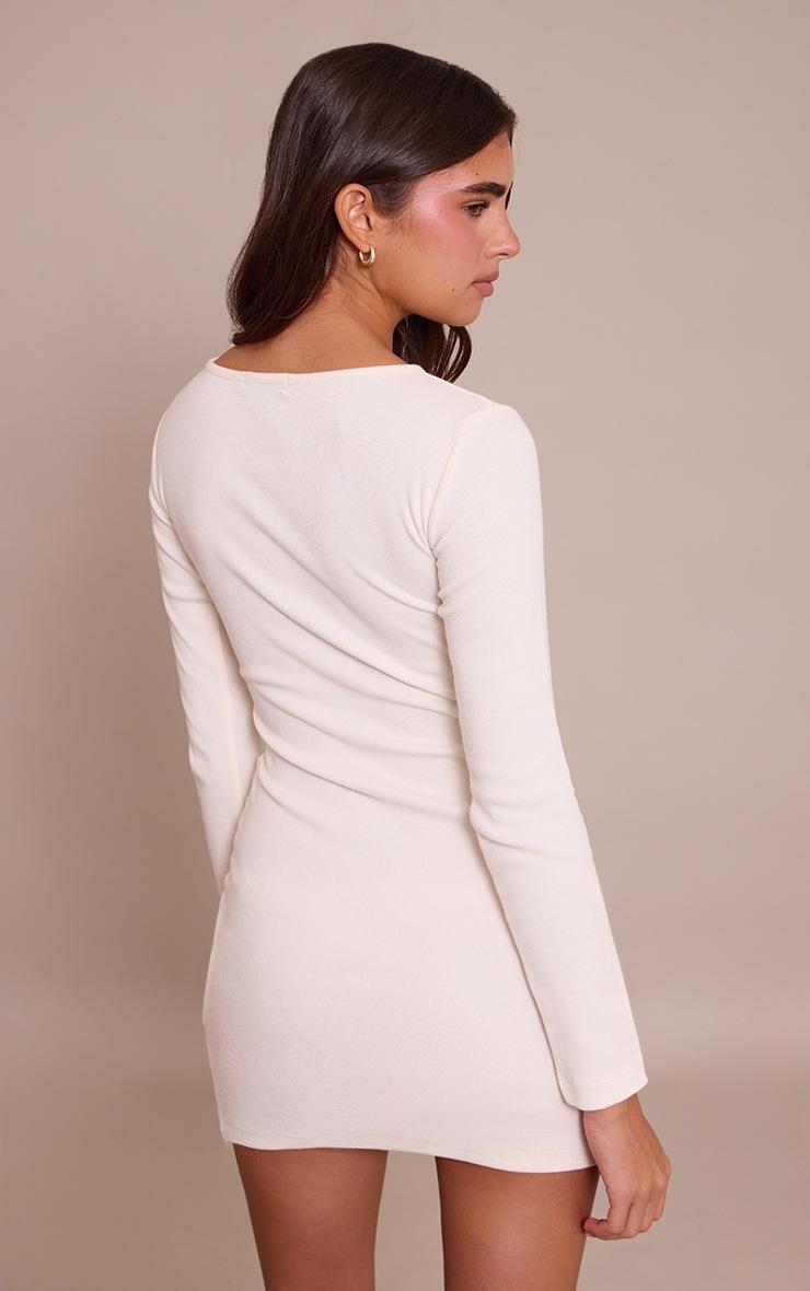 Pretty Little Thing Cream Ribbed Boat Neck Long Sleeve Bodycon Dress