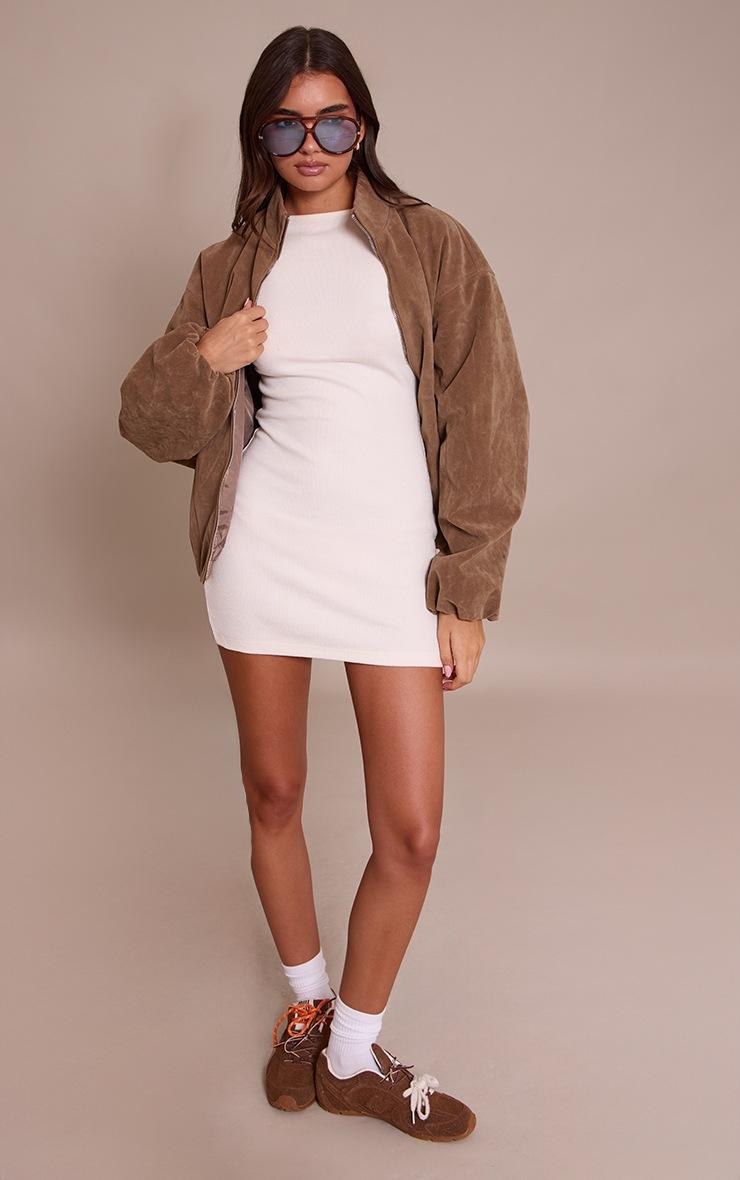 Pretty Little Thing Cream Ribbed Boat Neck Long Sleeve Bodycon Dress