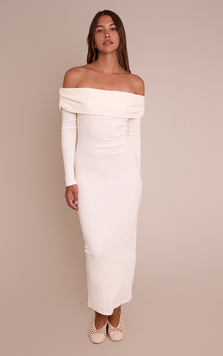 Pretty Little Thing Cream Ribbed Fold Over Bardot Long Sleeve Maxi Dress