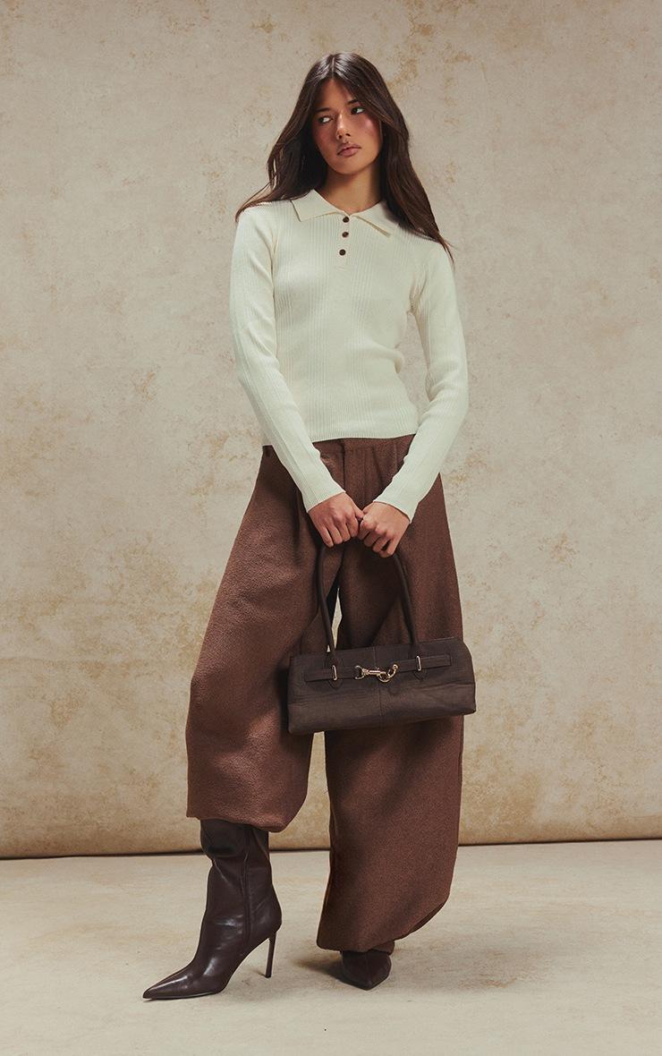 Pretty Little Thing Cream Ribbed Knit Long Sleeved Polo Top