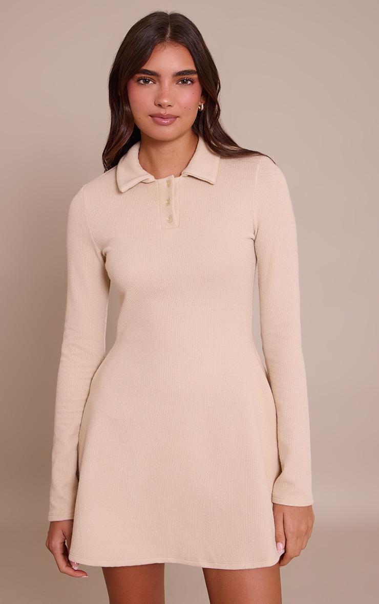 Pretty Little Thing Cream Ribbed Long Sleeve Shift Dress