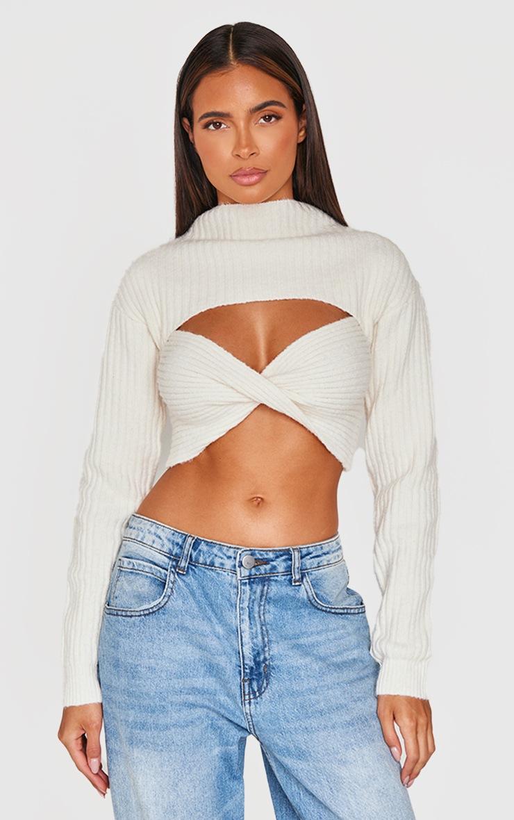 Pretty Little Thing Cream Ribbed Twist Front Cut Out Sweater