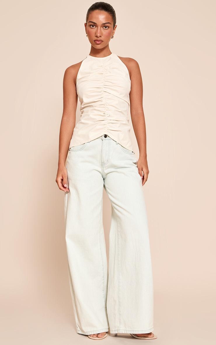 Pretty Little Thing Cream Ruched Detail High Neck Longline Top