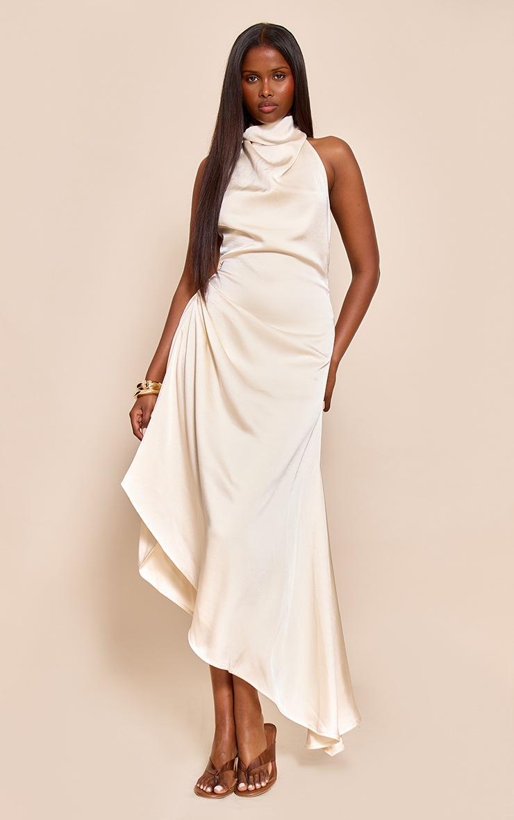 Pretty Little Thing Cream Satin Cowl Neck Asymmetric Shift Dress