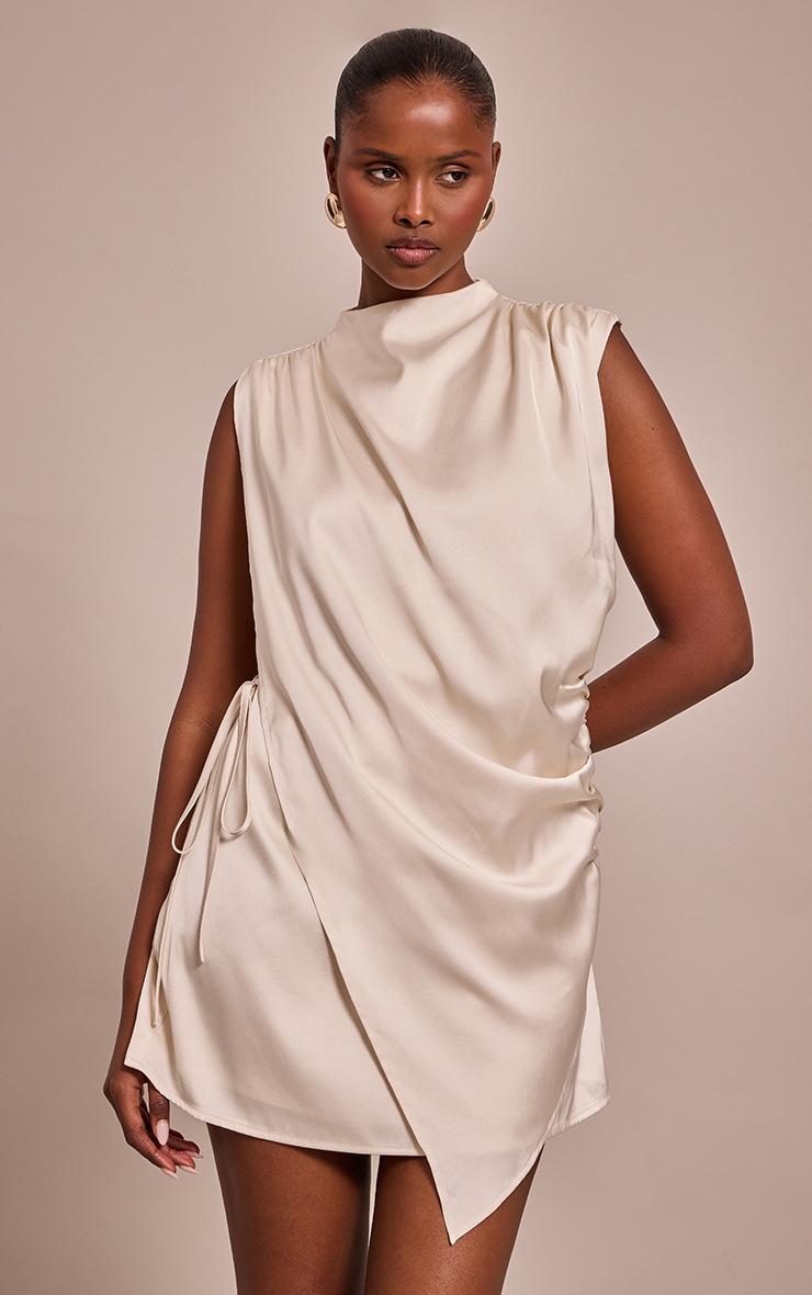 Pretty Little Thing Cream Satin Draped Tie Mini Dress