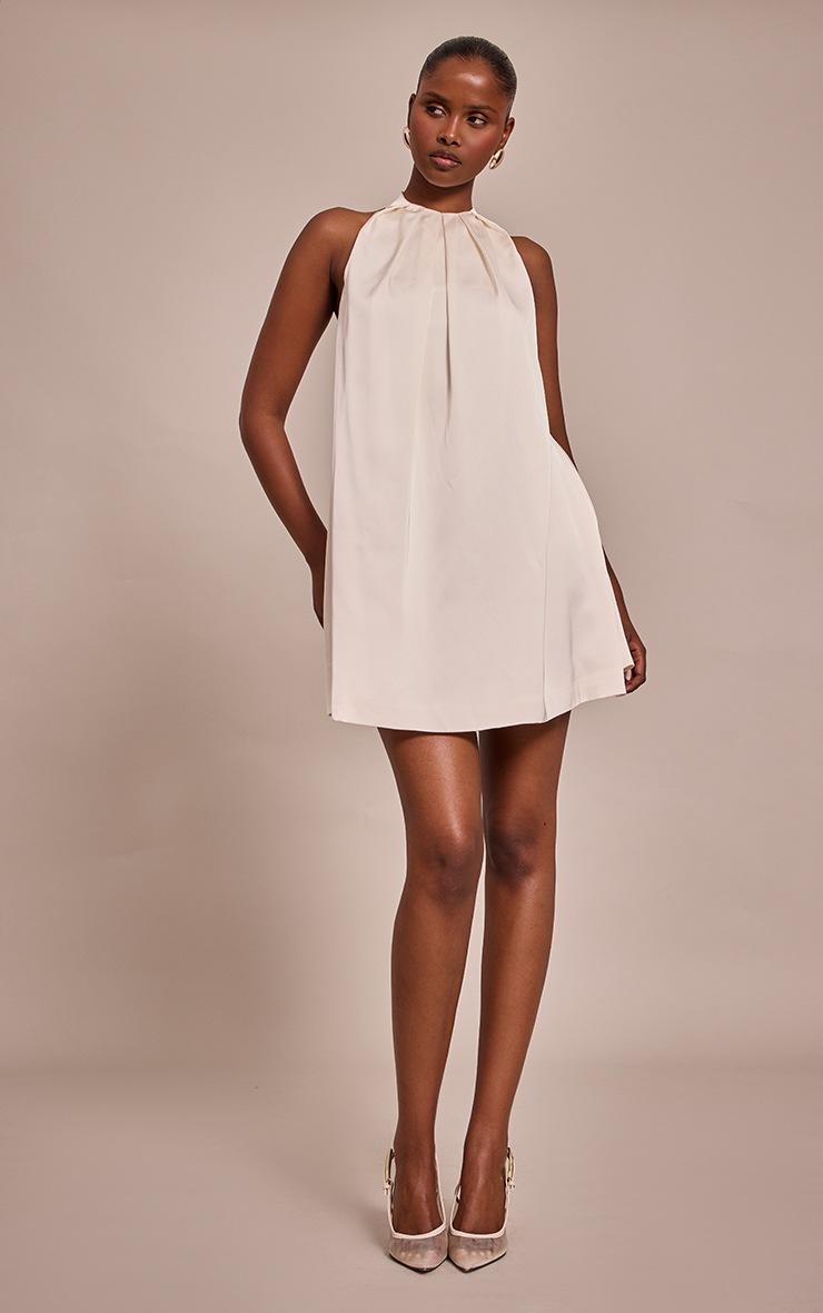 Pretty Little Thing Cream Satin Halterneck Mini Shift Dress