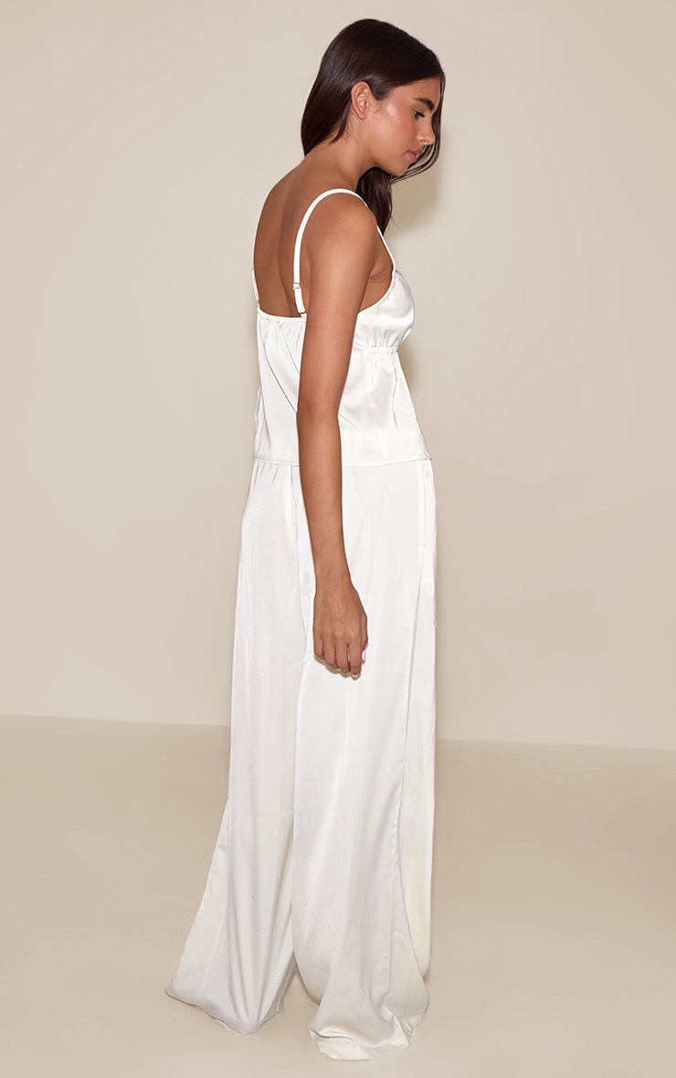 Pretty Little Thing Cream Satin Lace Detail Tie Front Cami PJ Set