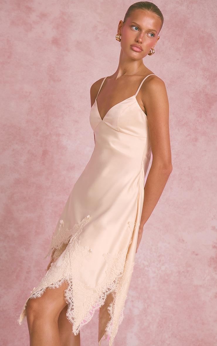 Pretty Little Thing Cream Satin Lace Trim Detail Mini Dress