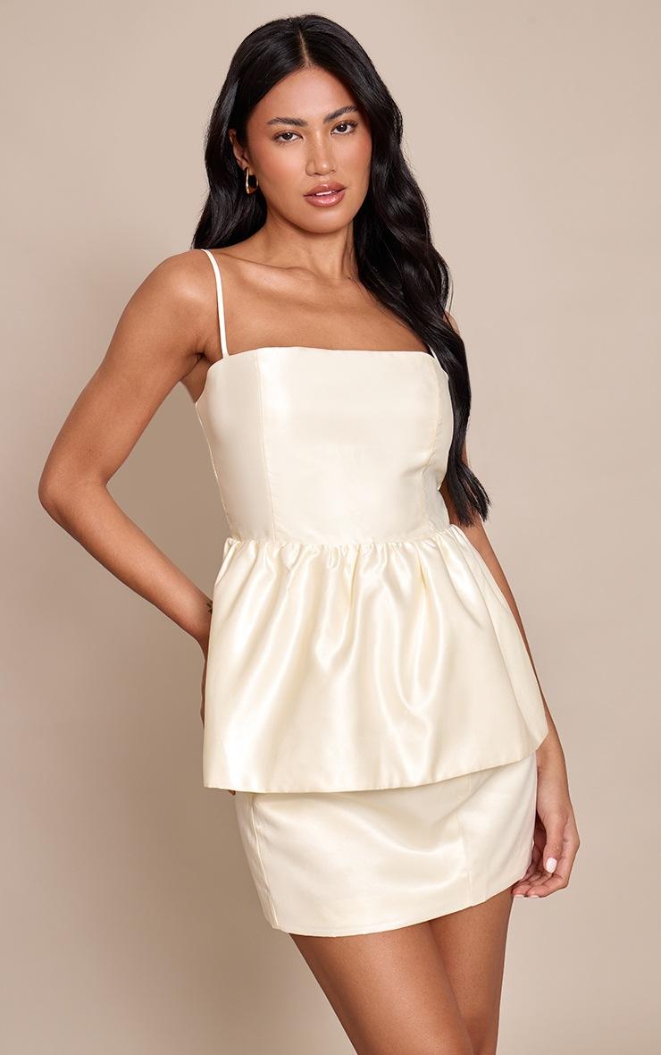 Pretty Little Thing Cream Satin Strappy Puffball Top