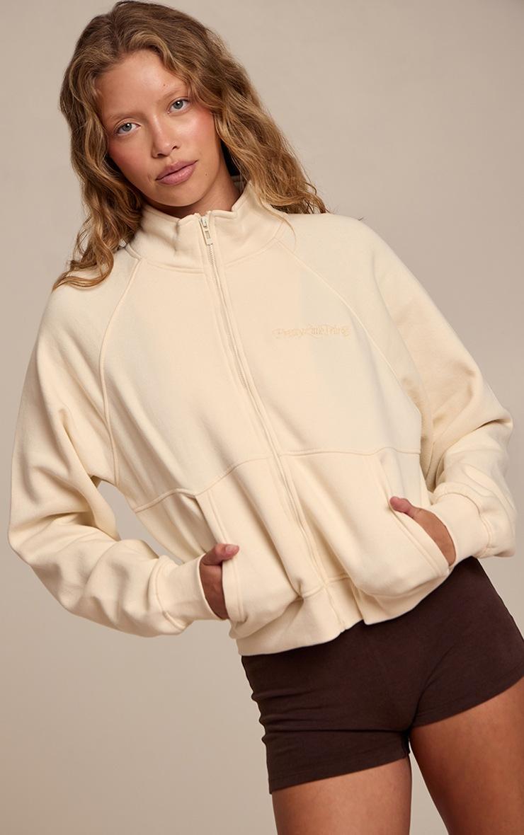 Pretty Little Thing Cream Seam Detail Zip Up Fleeceback Jacket