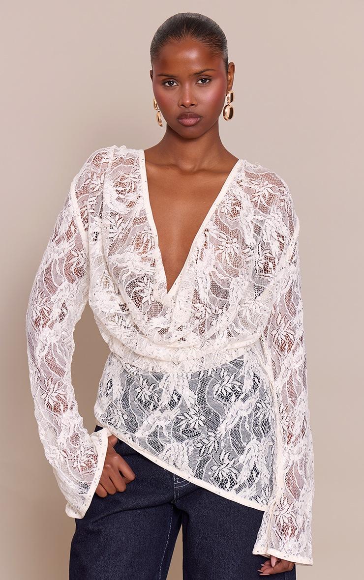 Pretty Little Thing Cream Sequin Lace Cowl Front Top