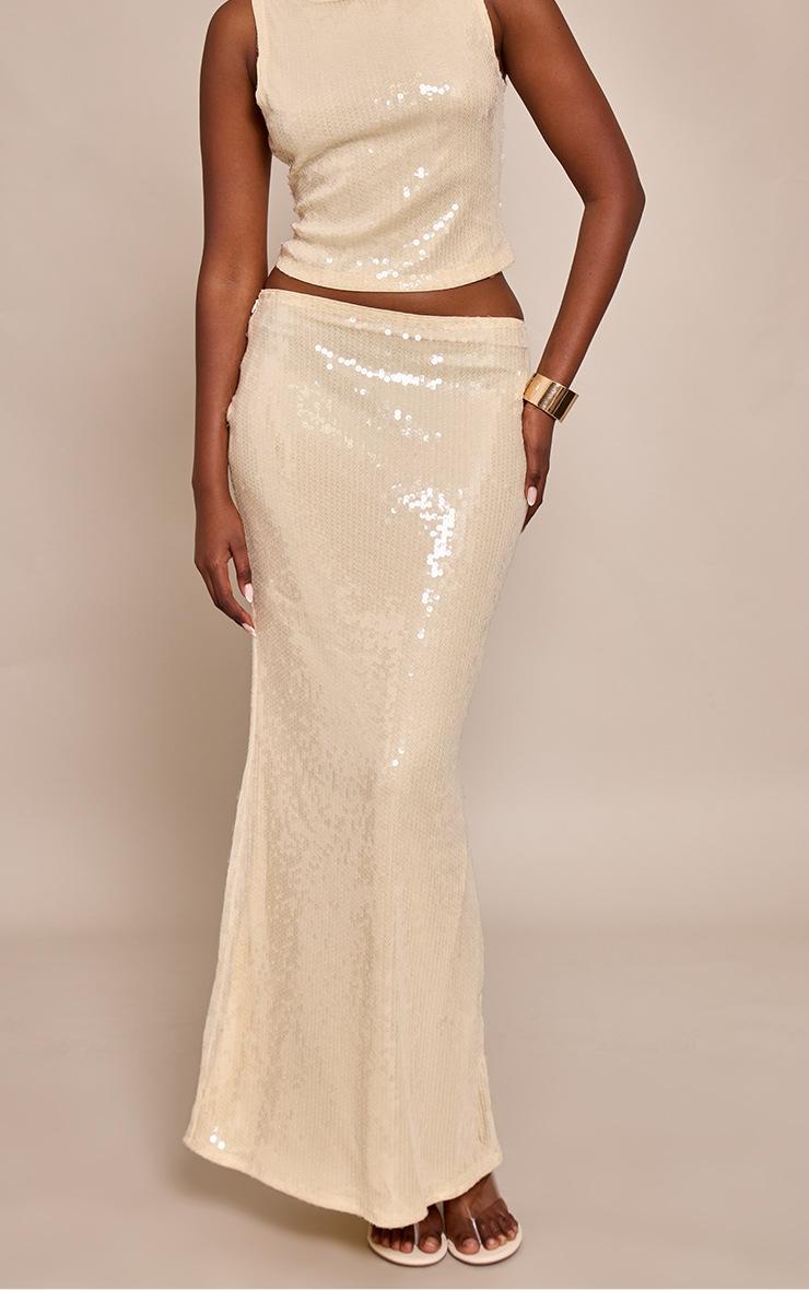 Pretty Little Thing Cream Sequin Low Rise Maxi Skirt