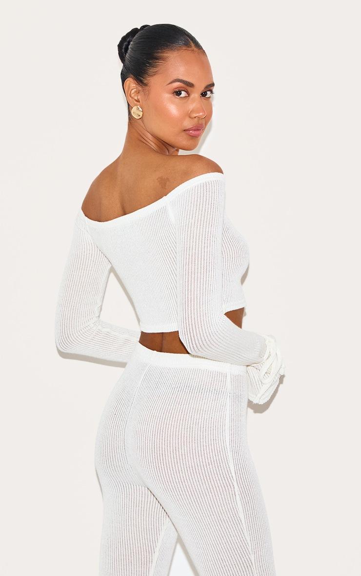 Pretty Little Thing Cream Sheer Soft Rib Bardot Long Sleeve Crop Top