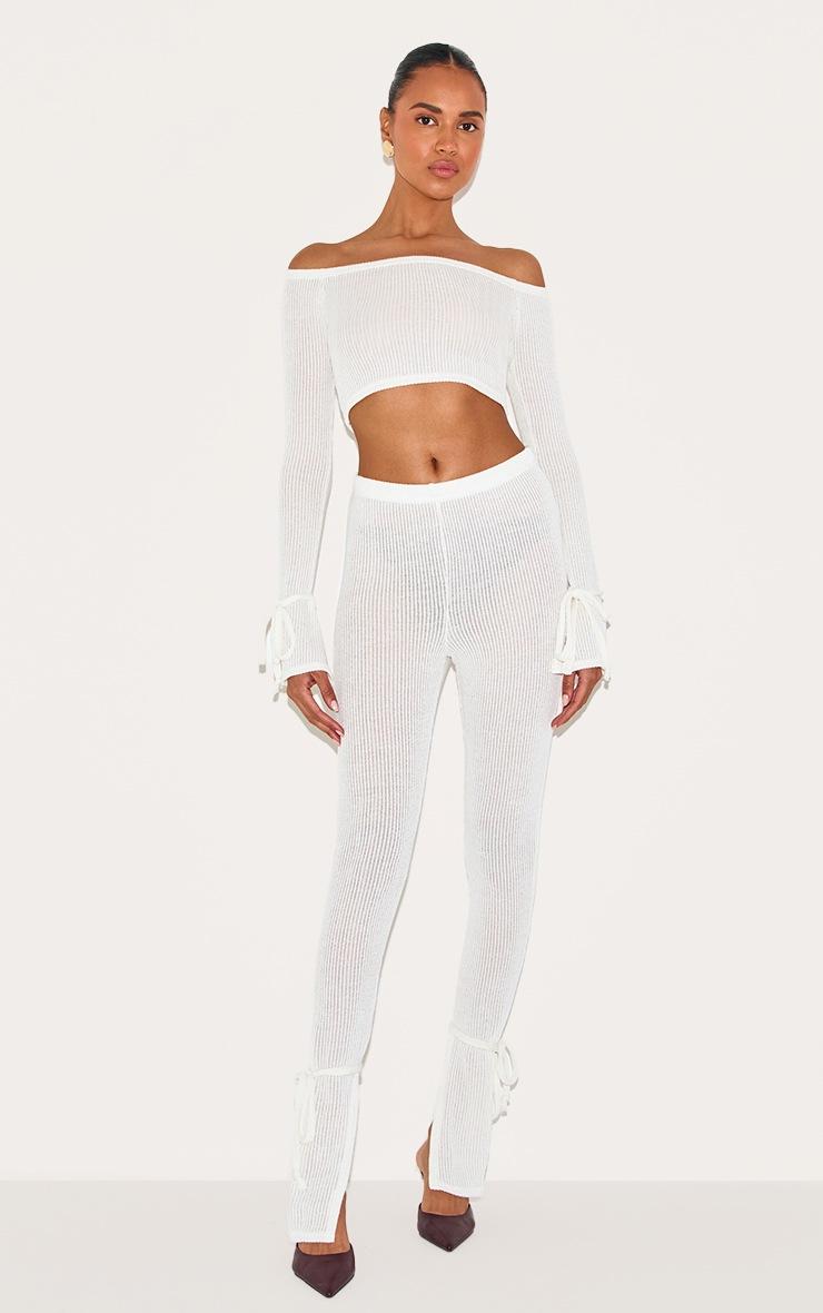 Pretty Little Thing Cream Sheer Soft Rib Bardot Long Sleeve Crop Top