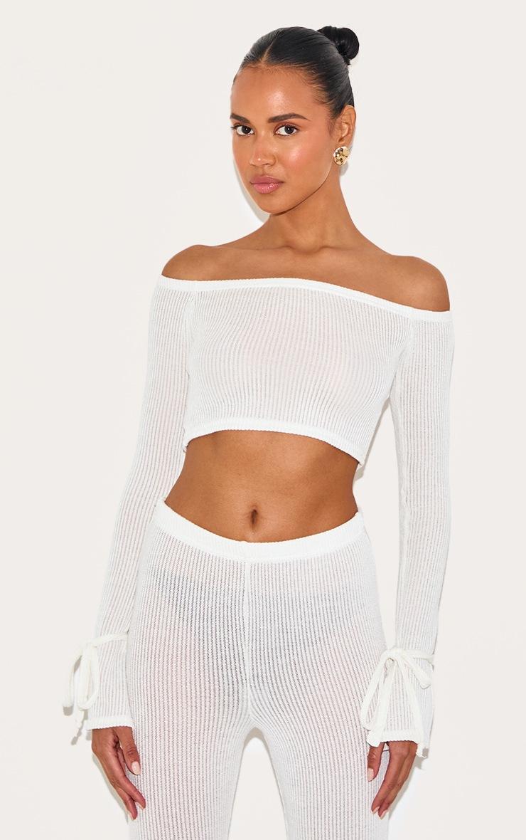 Pretty Little Thing Cream Sheer Soft Rib Bardot Long Sleeve Crop Top