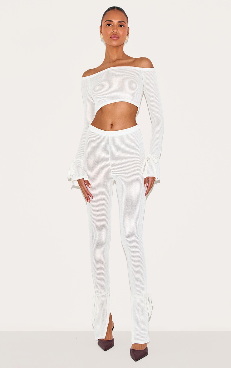 Pretty Little Thing Cream Sheer Soft Rib Split Hem Tie Detail Leggings