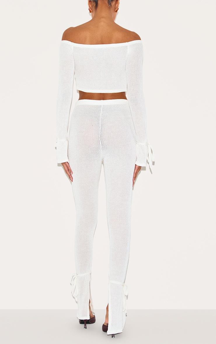 Pretty Little Thing Cream Sheer Soft Rib Split Hem Tie Detail Leggings